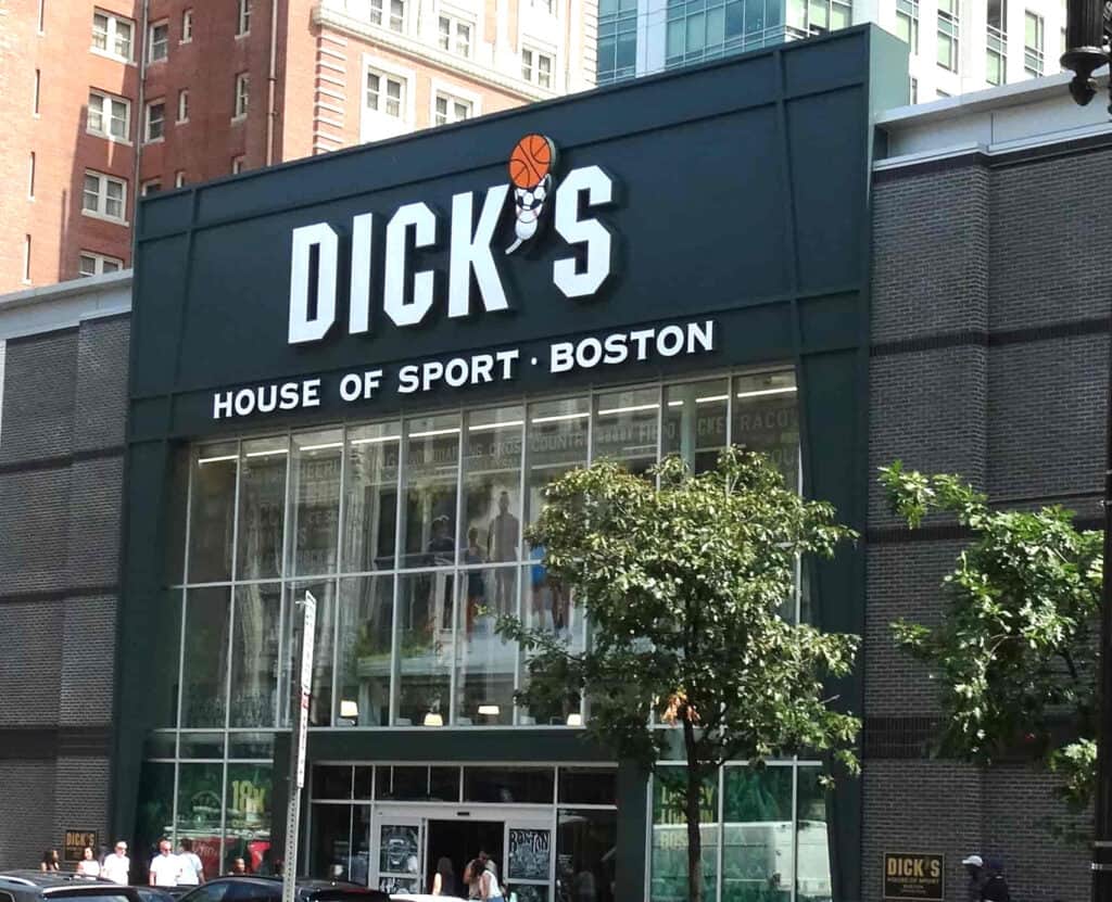 The Dick's House of Sport storefront in Boston, MA, which has brick cladding on either side of the entrance.