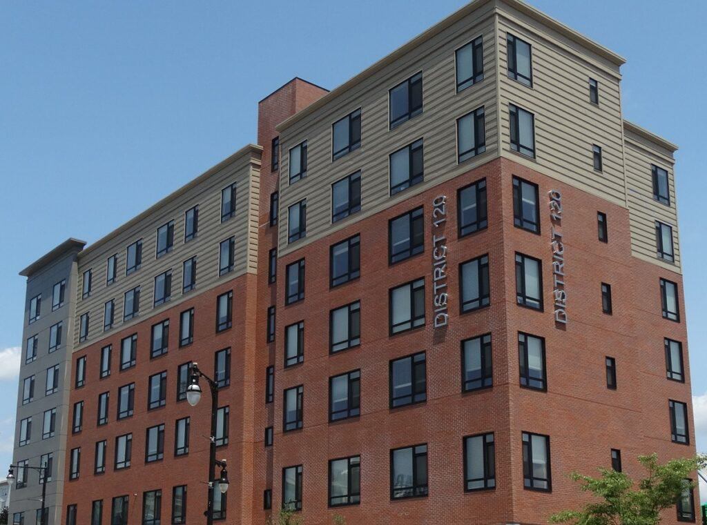 The brick cladding on the side of the Table Talk Lofts in Worcester, MA.